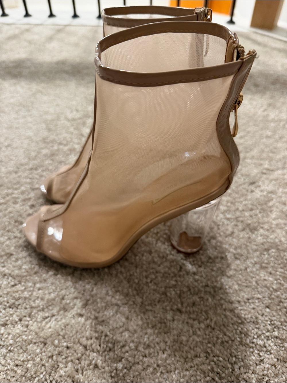 Cape Robbin Nude Mesh Peep-Toe Ankle Booties with Clear Block Heel